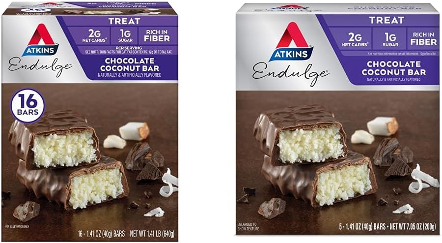 Atkins Endulge Chocolate Coconut Bar 16 Conde &amp; 5 Conde Bundles, Postre Favorito con Chocolatey y Coconut Flavors, Alto en Fiber, 1g Azúcar por Servir