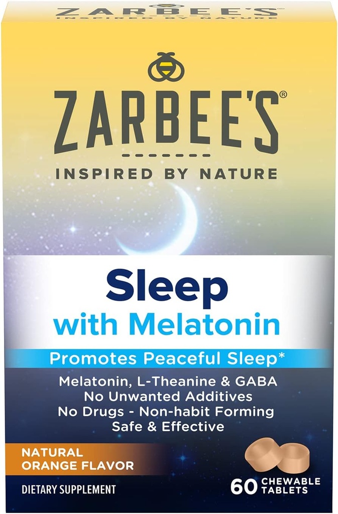Melatonina de Zarbee 5mg, L-Theanine + suplemento de sueño GABA para promover el sueño pacífico, sabor a naranja natural, tabletas para adultos de 12 años arriba, 60 cuenta