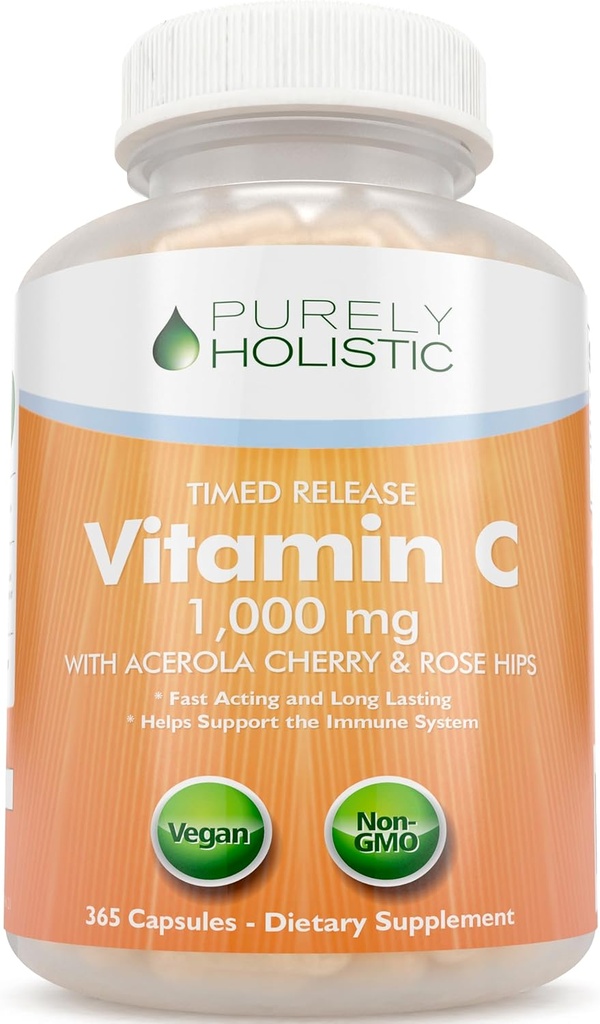 Vitamina puramente Holística C 1000mg, 365 cápsulas, 12 meses de suministro, 2 etapas de liberación con ácido ascórbico, Rosehip &amp; Acerola Cherry Bioflavonoid, Immune System Support, Vegan
