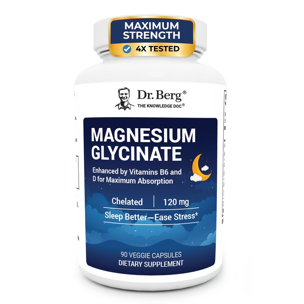 Dr. Berg Maximum Strength 4-in-1 Chelated Magnesium Glycinate with Clean, Potent & Pure Ingredients ← 4X Lab-Tested & Verified ← USA Formulated Magnesium Supplement Capsules ← 90 Capsules
