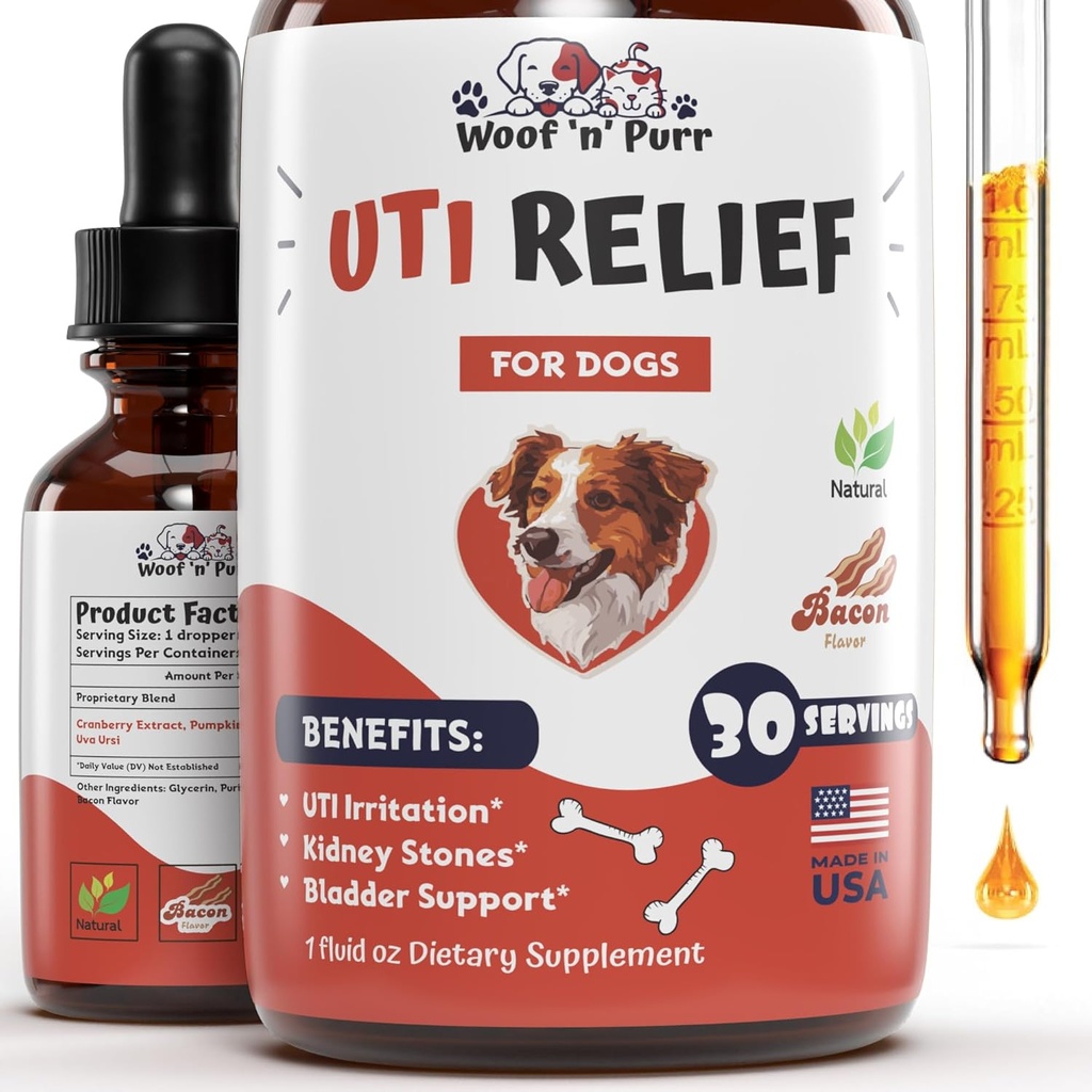 Natural Dog UTI Tratamiento - Perro UTI - Tratamiento de la infección de perros UTI Tratamiento del perro - Tratamiento del perro UTI - Suplemento de perros UTI - Arándano del perro - Suplemento de arándano - 1 fl oz - Bacon Flavor