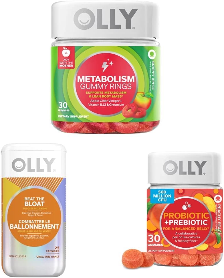 OLLY Metabolism Gummy Rings, Apple Sider Vinegar, Vitamina B12, Cromo, Energía y Salud Digestiva Chewable Suplemento (30 Conde) y OLLY Beat The Bloat Capsules, Digestive Support Enzymes, Suplemento para Mujeres (25 Conde)