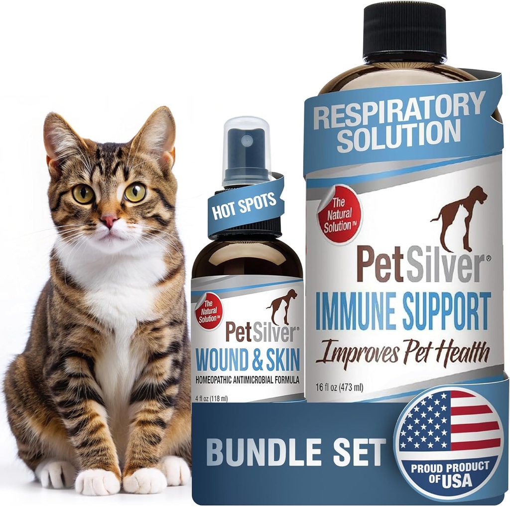 PetSilver - Immune Support (16 fl oz) y Wound & Skin Spray (4 fl oz) con Patented Chelated Silver - Alergias, Sinus " Tratamiento de tos - Cuidado de heridas " Hot Spot Spray for Cats and Dogs - Made in USA