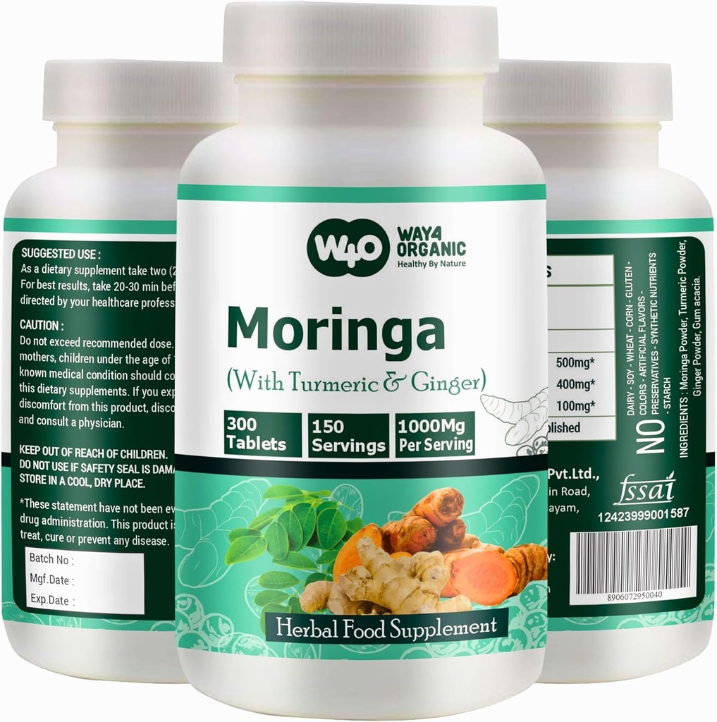 Moringa Tablets with Turmeric and Ginger, 300 Pills, 5 Month Supply, 150 Serving, 1000 Mg por Serving. One Capsule with Multiple Benefits - Supports Digestive Health(Pack of 1)