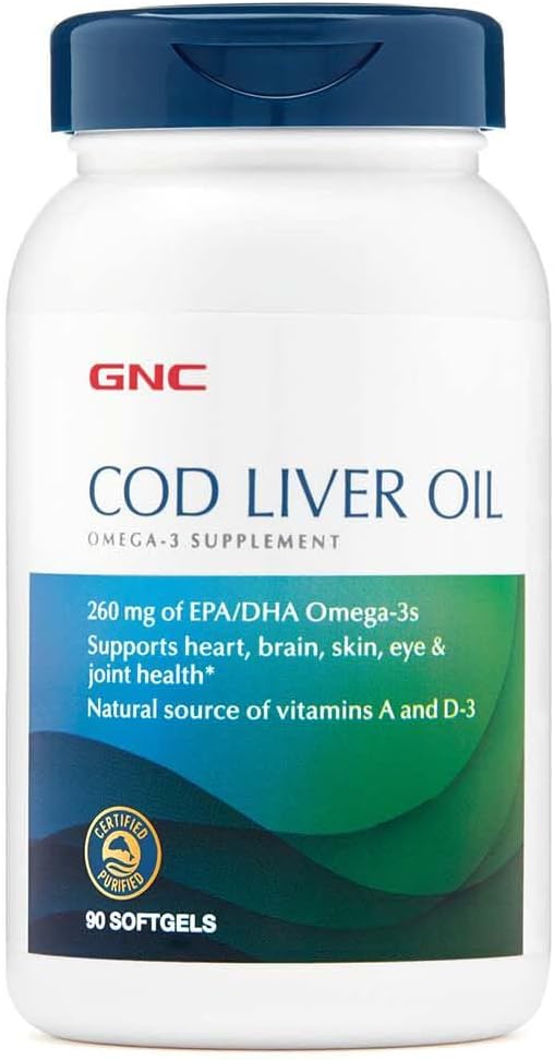 GNC Cod Liver Oil Omega 3 Suplemento, 260mg EPA y DHA, apoya el corazón, cerebro, piel, ojo y salud conjunta, 90 Softgels