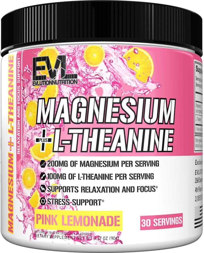 Evlution Nutrition Magnesium + L-Theanine - Natural Relaxation & Focus Support - 200mg Magnesium + 100mg L-Theanine - Vegan & Non-GMO - Powder Dietary Supplement - 30 Servings - Pink Lemonade