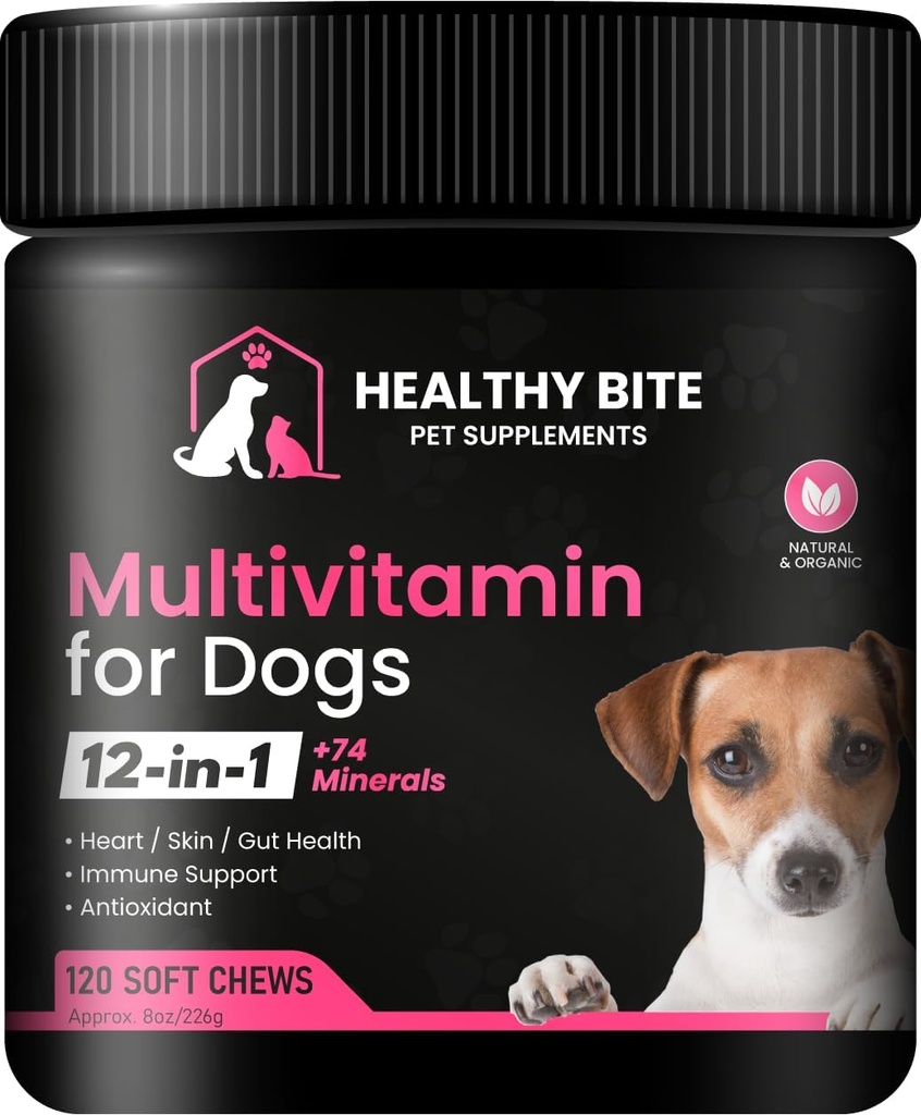 Bita saludable 12 en 1 Multivitamínico para Perros - Suplemento de la piel y la carne, Soporte inmunológico, vitaminas para mascotas, calcio para perros hechos en EE.UU. - 120 Conde