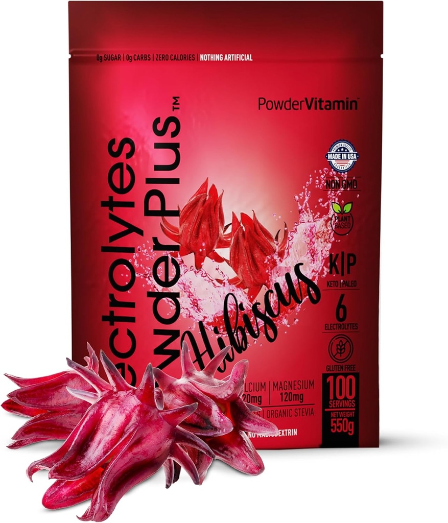 PowderVitamin Electrolytes Powder Plus (100 Servings) Hibiscus Electrolyte Powder Zero Calorie Keto,0 Azúcar, No Maltodextrin,1000mg Potasio, 120mg Calcium,120mg Magnesio, Hidration Powder