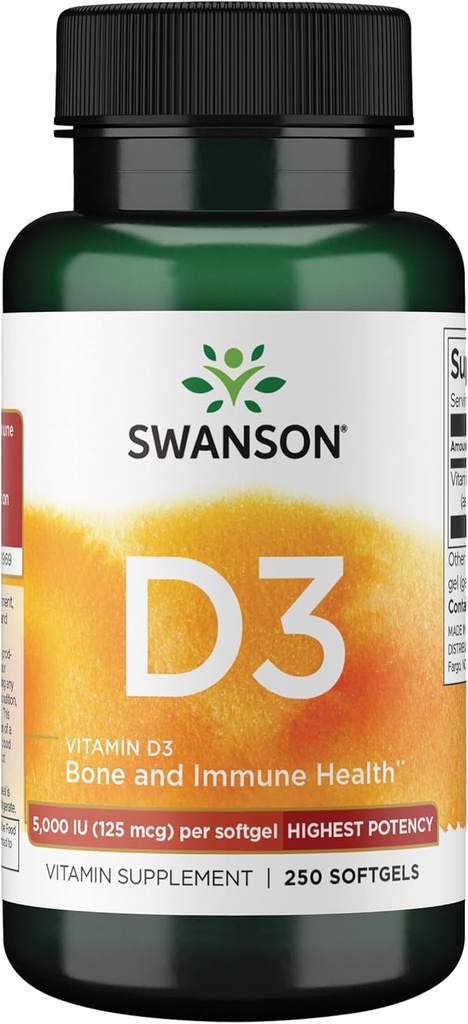 Swanson Vitamina D-3 5000 UI Bone Health Immune Support Healthy Muscle Function D3 Supplement (cholecalciferol) 125 mcg 250 Softgels Count