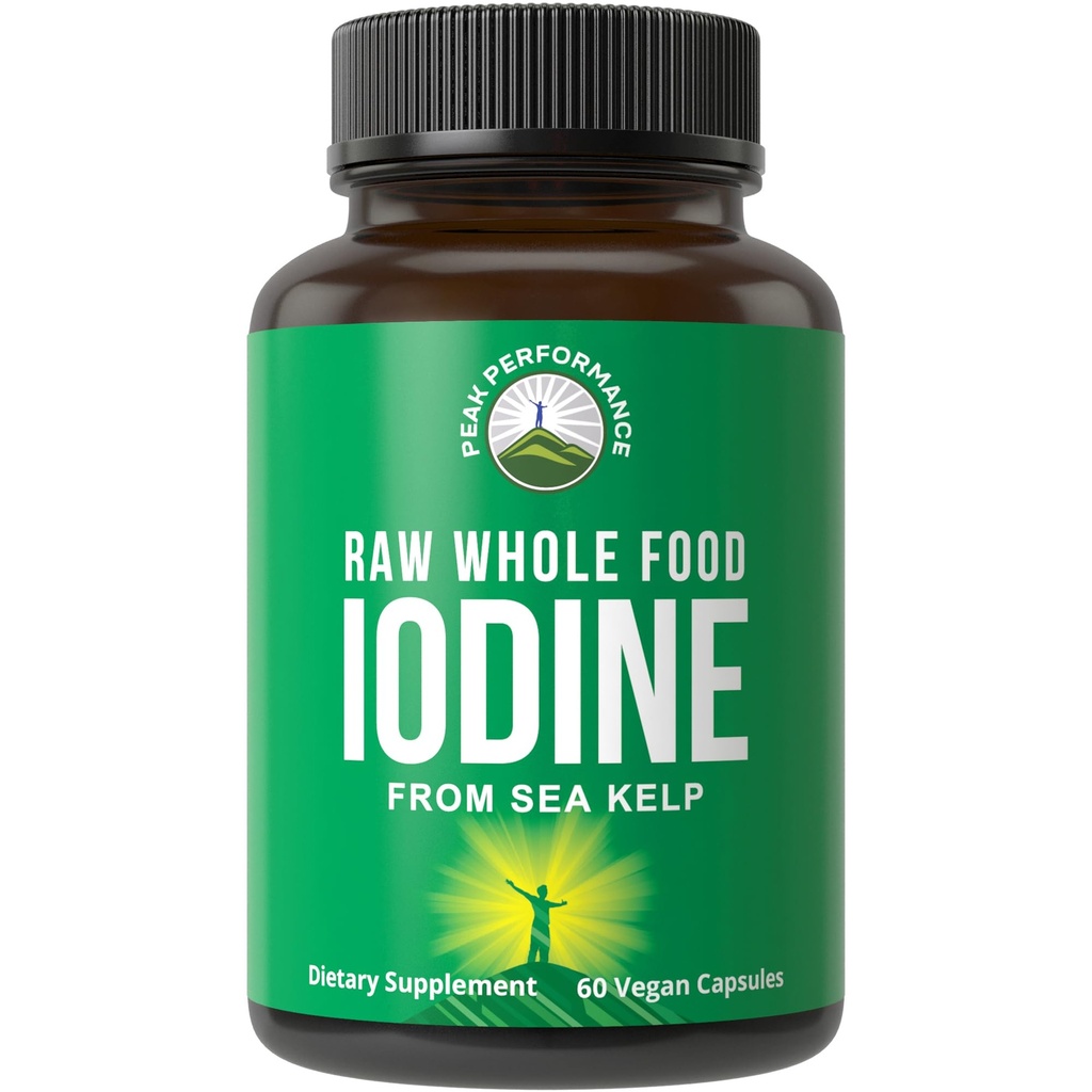 Suplemento integral de alimentos crudos de Kelp orgánico (Ascophyllum Nodosum) por Peak Performance. Potasio Iodide Tablas de soporte. para Metabolismo, Energía e Inmune. 60 cápsulas Vegan, Pills.