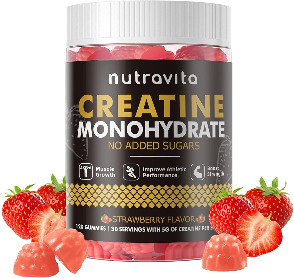 Nutravita Creatine Monohydrate Gummies for Men &amp; Women-5g of Creatine Monohydrate per Serving - Sugar Free,Vegan, Strawberry Flavor, 120 Conde