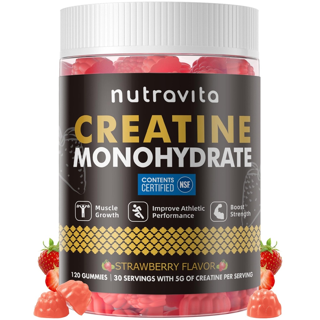 Nutravita Creatine Monohydrate Gummies for Men &amp; Women-5g of Creatine Monohydrate per Serving - Sugar Free,Vegan, Strawberry Flavor, 120 Conde