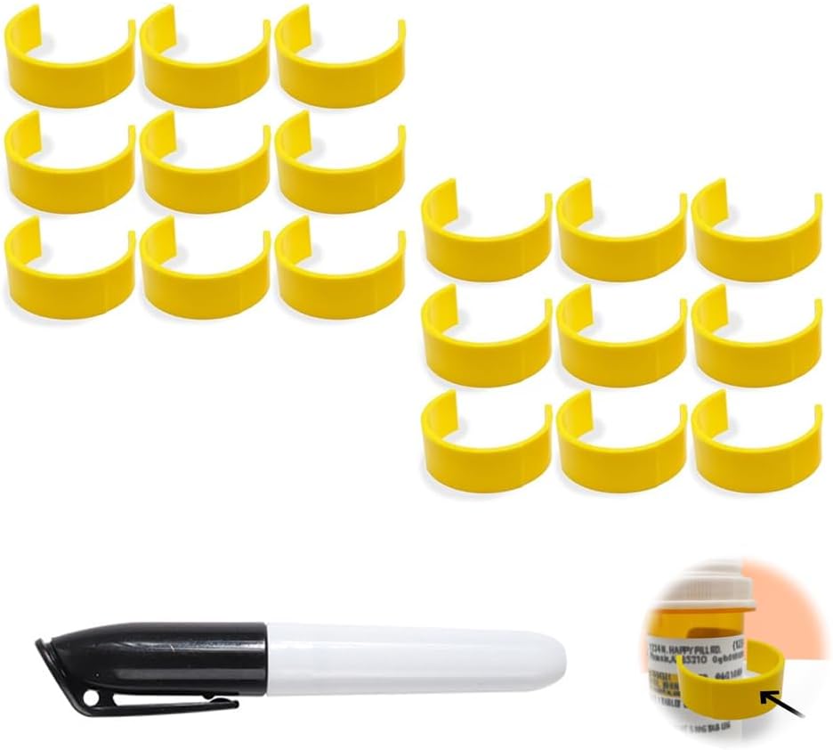 Clips para botellas de pill, clips de etiqueta de botella de medicina para la identificación de medicamentos fáciles - Pack con marcador, etiquetas (18pcs)