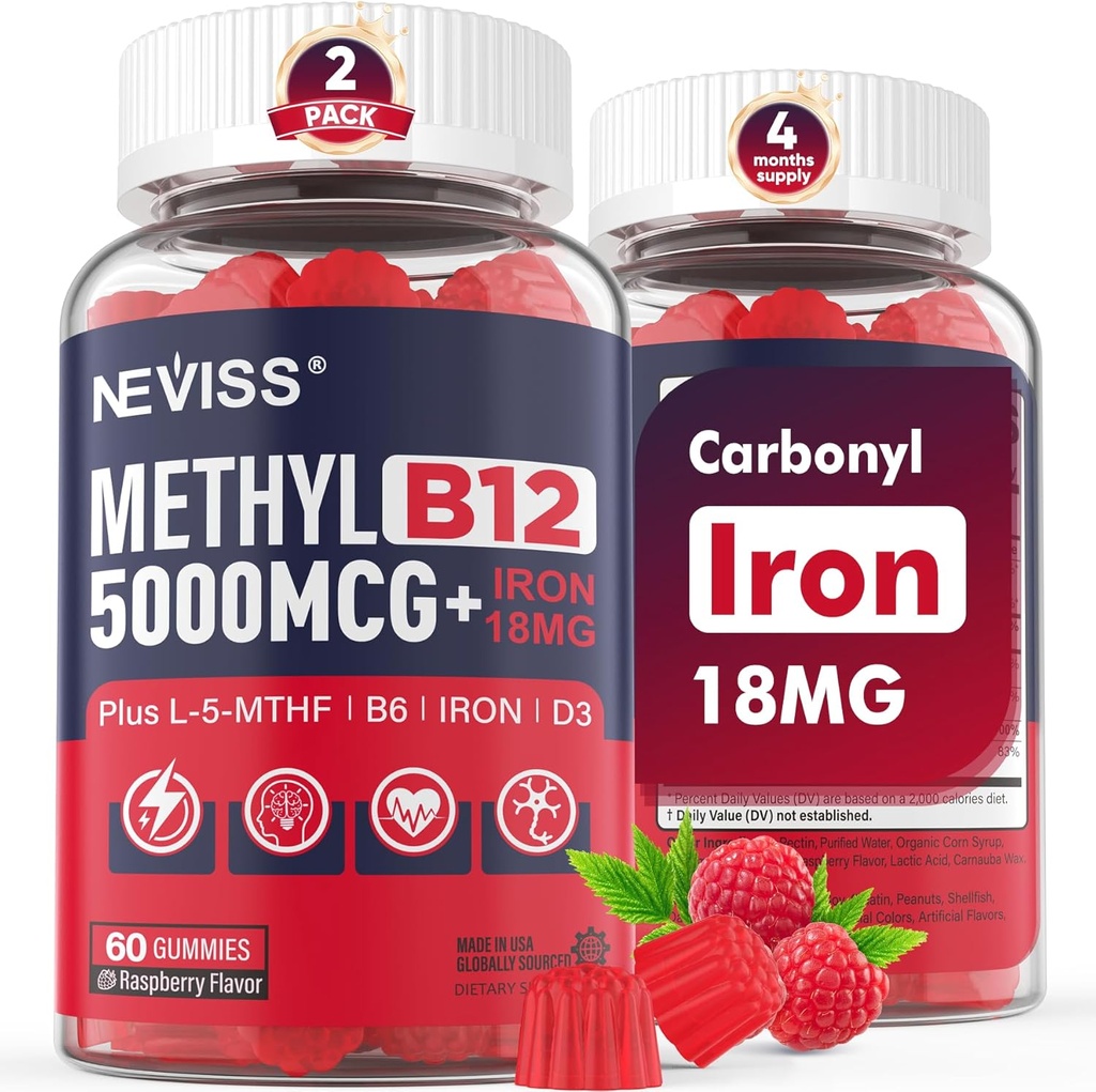 NEVISS Metil B12 Vitaminas 5000 mcg Gummies + Hierro 18 mg para Mujeres - Metilcobalamina activa Metillaminada B12 Vitamina Suplemento w/L-MetilFolate, B6 (P5P) " D3 para Energía " , 120 Servimientos