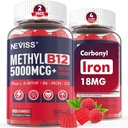 NEVISS Metil B12 Vitaminas 5000 mcg Gummies + Hierro 18 mg para Mujeres - Metilcobalamina activa Metillaminada B12 Vitamina Suplemento w/L-MetilFolate, B6 (P5P) " D3 para Energía " , 120 Servimientos