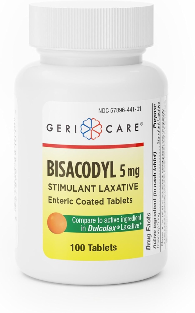 GeriCare Bisacodyl 5 mg Laxative Coated Tablet TEN Generic for Dulcolax TEN Stimulant Laxative TEN Gentle Overnight Constipation Relief 100 Count (Pack of 1)