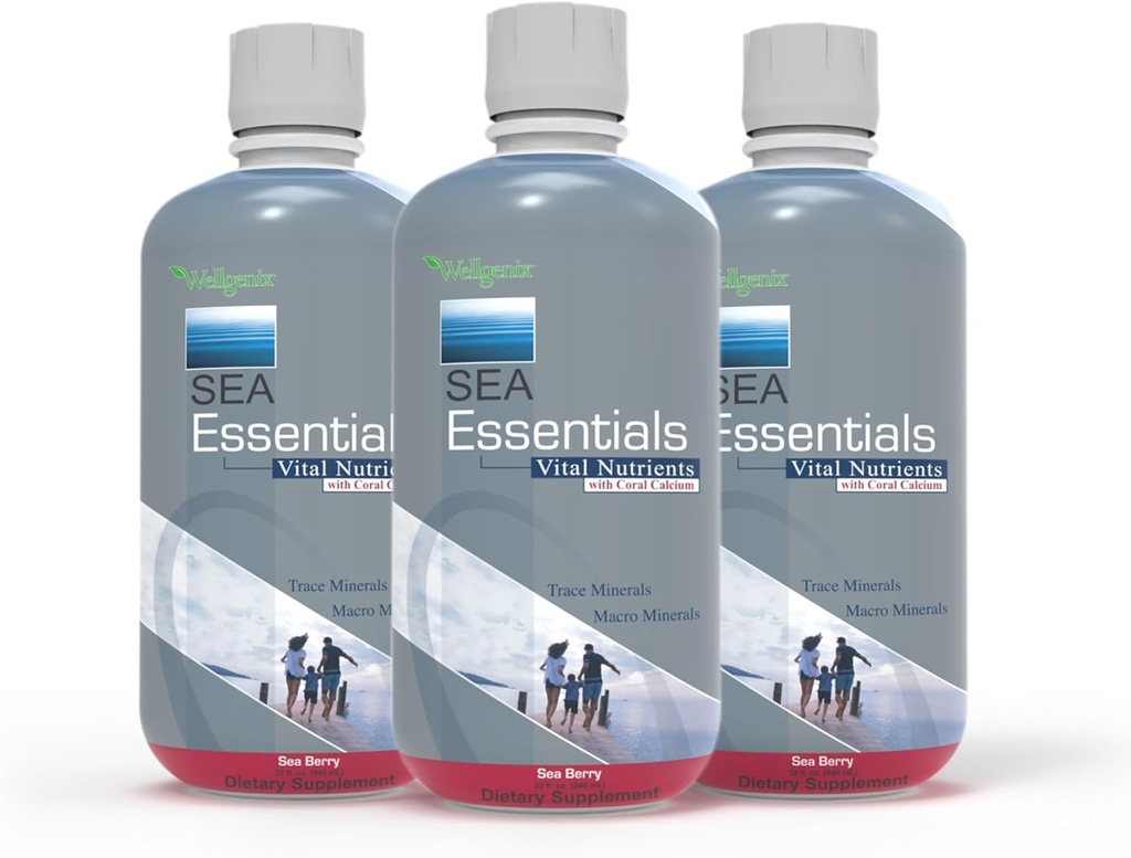 Wellgenix Sea Essentials Vital Nutrients - Coral Calcium Liquid Multivtamin - Adultos &amp; Niños Suplemento diario - Nutrición Sea Vegetation Mineral Drink - Sea Berry Flavor 32oz (3)