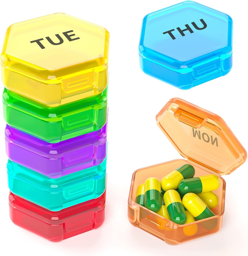7 Packs Pequeña Caja de Píldora, Organizador Semanal de Píldoras - Contenedor de Píldora de Viaje Portable 7 Día BPA Free Daily Mini Pill Case Holder for Pocket Purse Funda de bolsillo