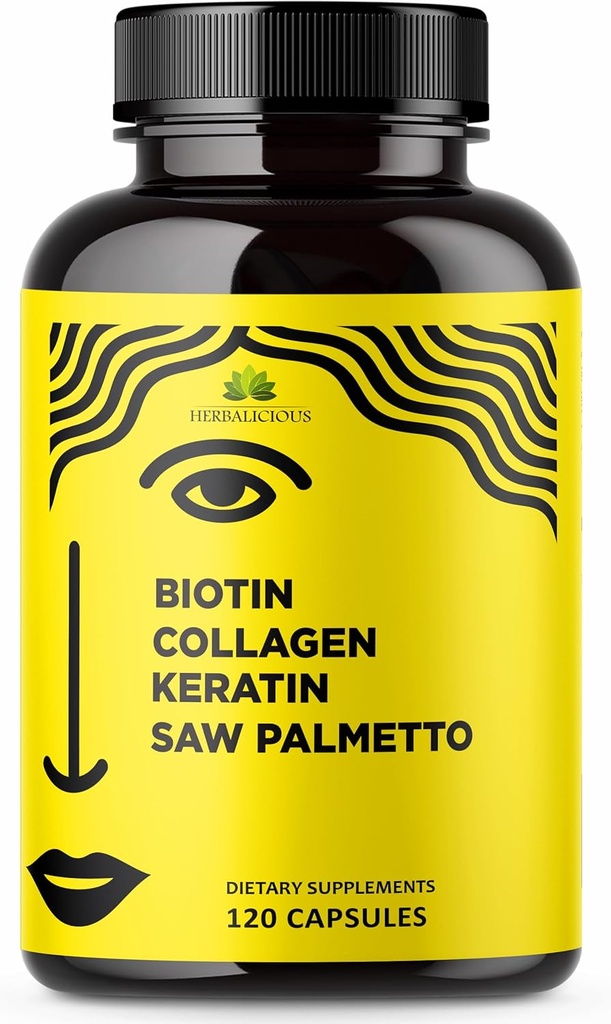 HERBALICIOUS Biotin Vitamins with Collagen, Keratin & Saw Palmetto for Women and Men - Biotin 10000 mcg Hair Skin Nails Suplemento para el cabello, la piel y la salud Wellness - Made in USA, 120 Capsules