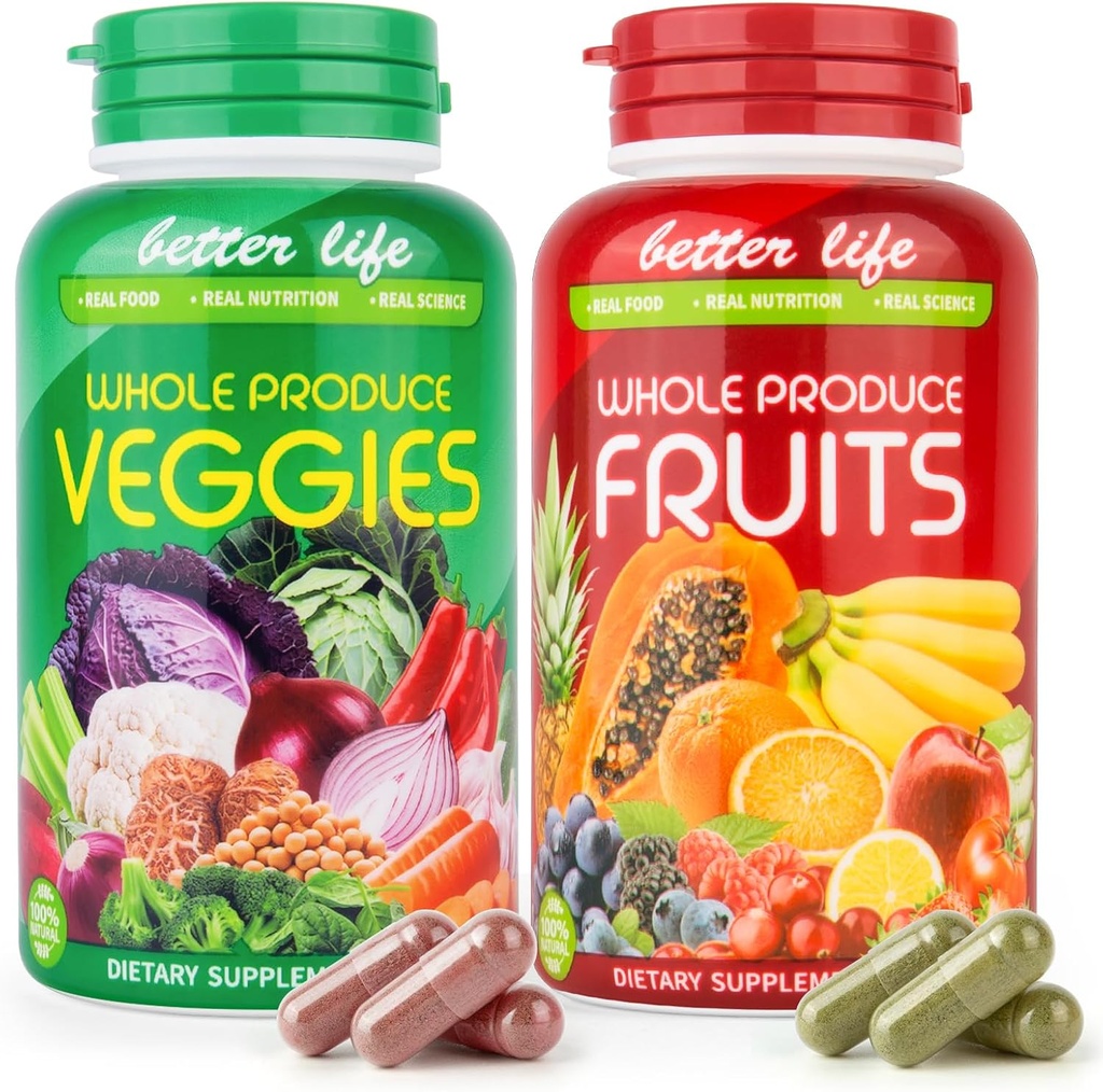 Dowslept Fruits and Veggies Supplement/Capsules -100% Whole Natural Vitamins Suplementos- Balance Energy Levels for Women Men 90 Fruit Capsules, 90 Veggie Capsules