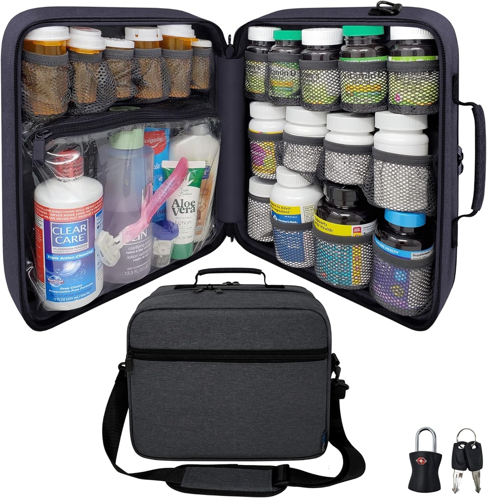 Extra-Large Pill Bottle Organizer, Medicine Bag, Carrier for Medications, Vitamins, and Medical Supplies - Modular Travel Medicine Organizer and Home Storage Med Bag - Dark Gray (con Lock)