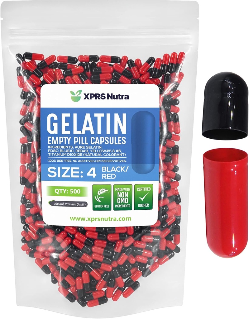 XPRS Nutra Size 4 Empty Capsules - 500 Count Small Empty Gelatin Capsules - Pills DIY Capsule Filling - Fillable Bovine Pill Gel Caps for Do-It-youself Supplements (Black/Red)