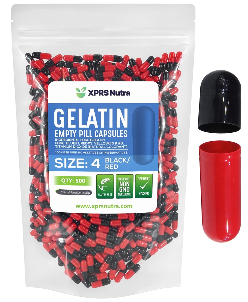 XPRS Nutra Size 4 Empty Capsules - 500 Count Small Empty Gelatin Capsules - Pills DIY Capsule Filling - Fillable Bovine Pill Gel Caps for Do-It-youself Supplements (Black/Red)