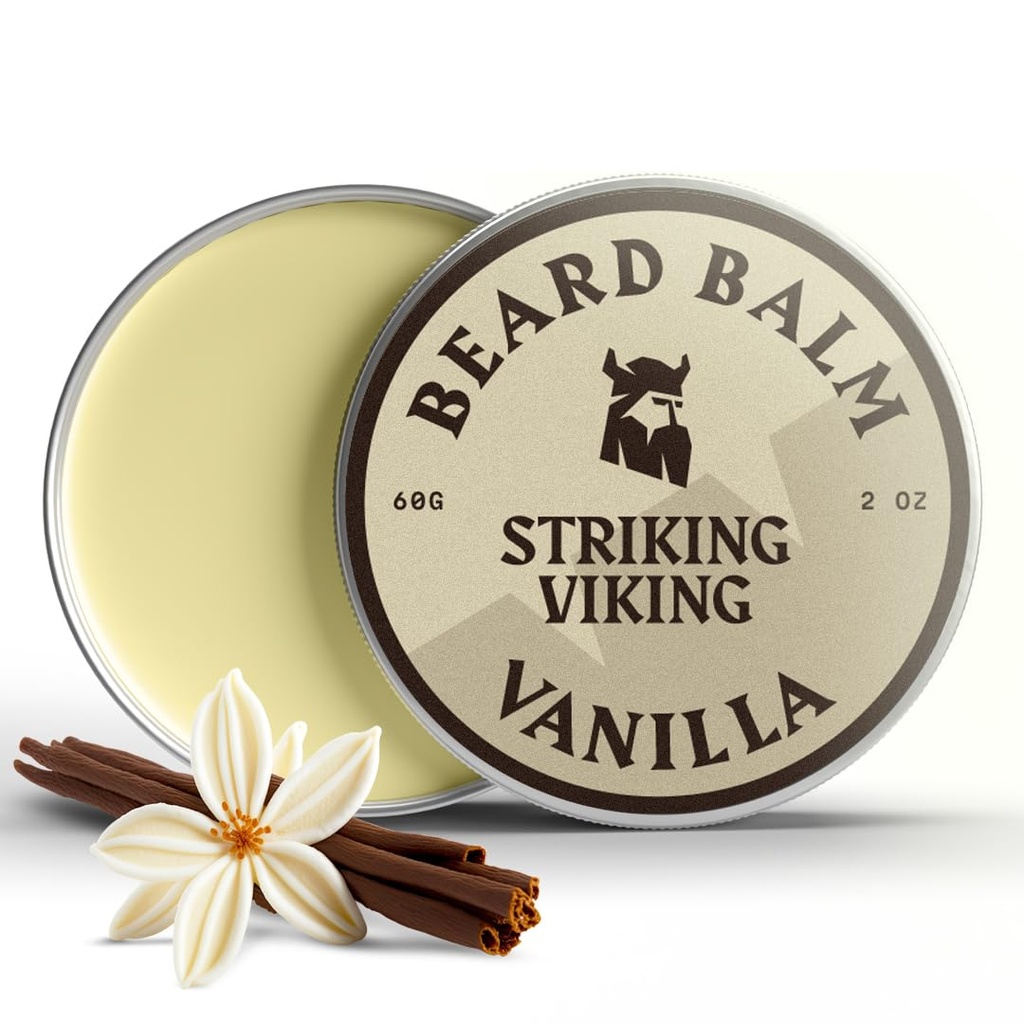 Balón de barba vikingo para hombres - Salir en el acondicionador de barba - Estilismo Balm Hecho con mantequilla de barba naturalmente derivada, aceites Argan & Jojoba (2 onzas (Pack of 1), vainilla)