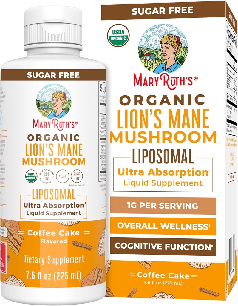 MaryRuth Organics Lions Mane Supplement TEN Ultra Absorption Liposomal TEN Full Spectrum Lion's Mane Mushroom TEN 200mg Beta-Glucans Por Serving TEN USDA Orgánica TEN Vegan TEN 7.6 oz Silencio 15 Servings