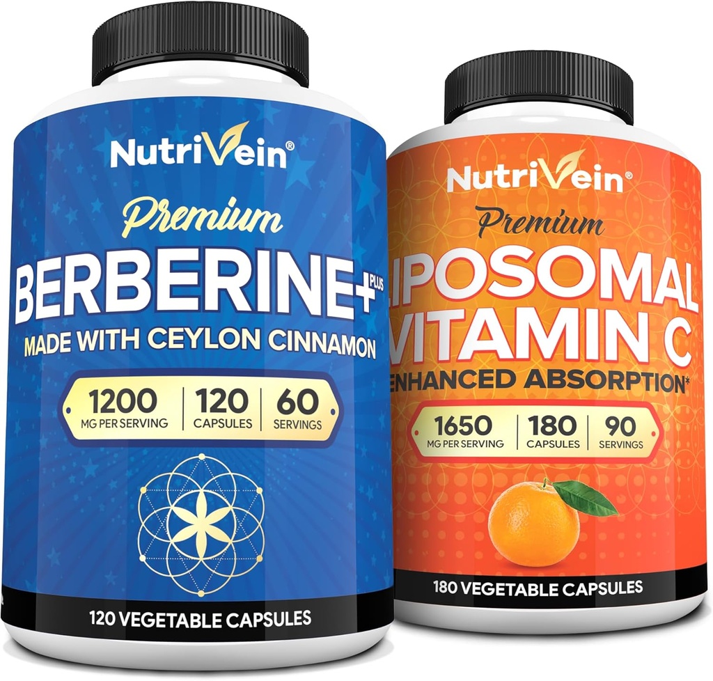 Nutrivein Premium Berberine &amp; Liposomal Vitamina C Suplemento: Alta absorción Vitamina C Capsules &amp; Beberina Suplemento Bundle for Immunity, Metabolism, " Balanced Well-Being