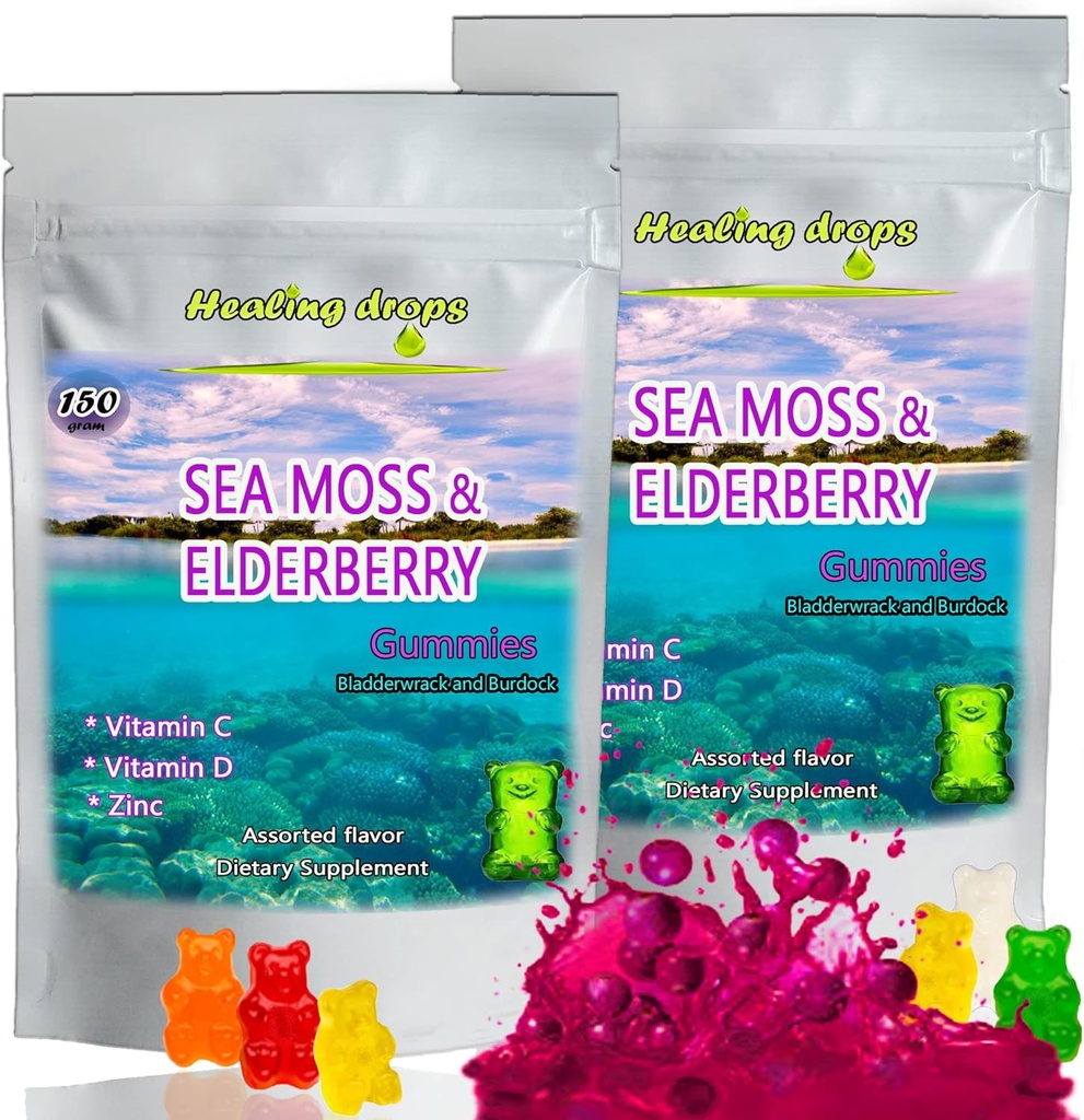 Irlandés Moss Gummies – Raw Organic Wildcrafted Sun-Dried Seamoss Powder Gel - con Fledderwrack Burdock Root – Alkaline Keto Vegan Non-GMO – Skin Detox (Elderberry)