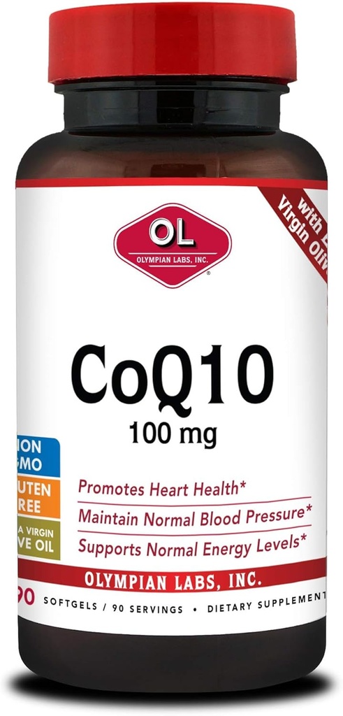 Laboratorios Olímpicos Coenzyme Q10 100mg Softgels formulados con aceite de oliva virgen extra, soporte de salud cardíaca, protección celular contra los radicales libres
