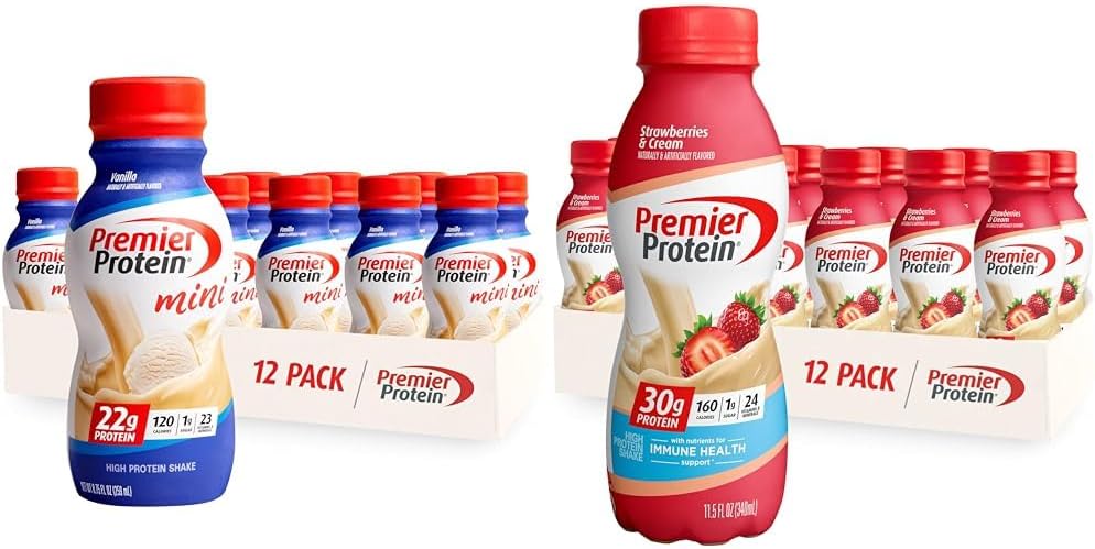 Premier Protein Shake MINIs Vanilla 22g Protein 120 Calories Pack of 12 &amp; Strawberries Premier Protein Shake 30g Protein 160 Calories Pack of 12