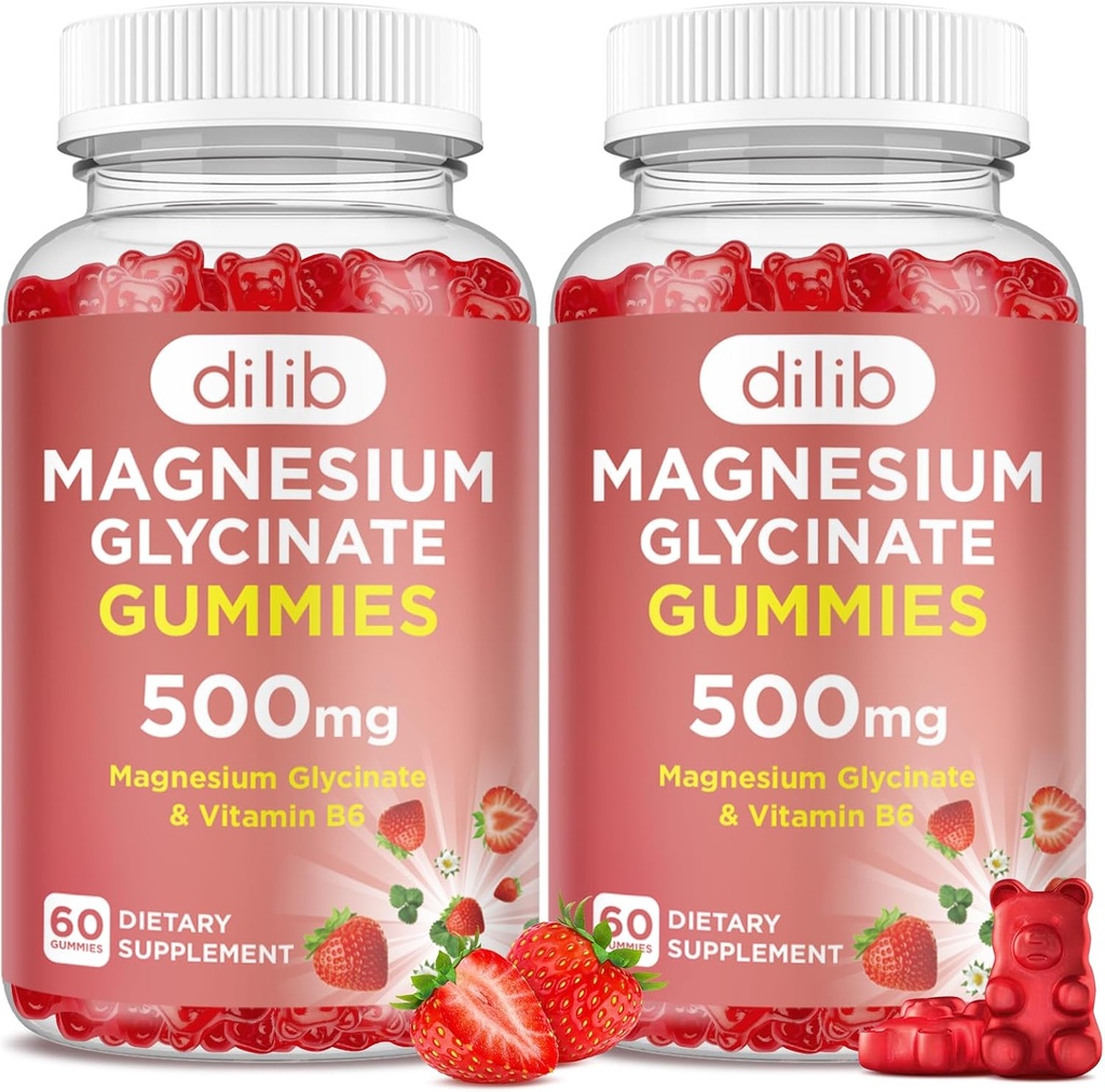 Magnesium Glycinate Gummies 500mg para adultos &amp; niños suplemento de magnesio con vitamina B6-Natural Calm Gummies-Calm Mood, Muscle & Sleep Support-Strawberry Flavor, 120 Gummies