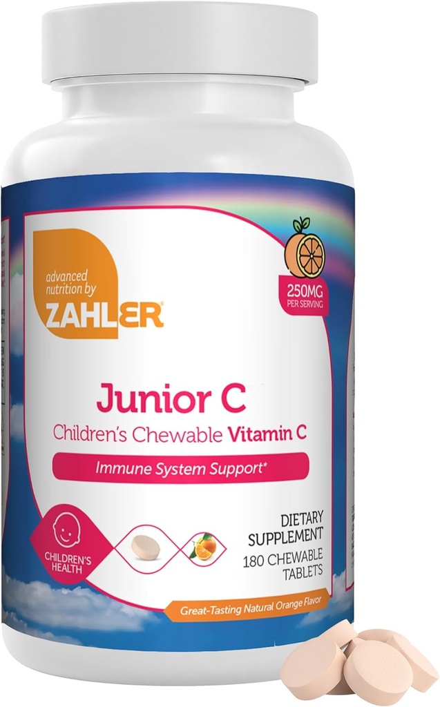 Zahler Junior C Advanced Chewable Vitamina C para Niños - Immune Support Kids Vitaminas en Delicious Orange Flavor - Kosher Kids Vitamina C para Inmunidad - Vitamina C Antioxidante Chewable - (180 Cuenta)
