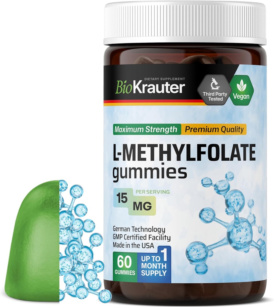 BIO KRAUTER L Methylfolate Gummies - 25 mg DFE - 60 Chews Vegan - Suplemento MTHF - Suplemento Folate - Folic Acid Gummies (Vitamin B9) - Fórmula sin gelatina