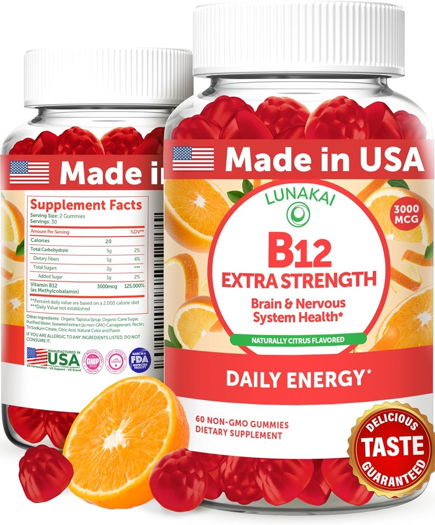 Lunakai Extra Strength 3000mcg Vitamina B12 Gummies - USA Made, Delicious Daily Energy & Metabolism Support - Vegan B12 Methylcobalamin Suplemento 60ct
