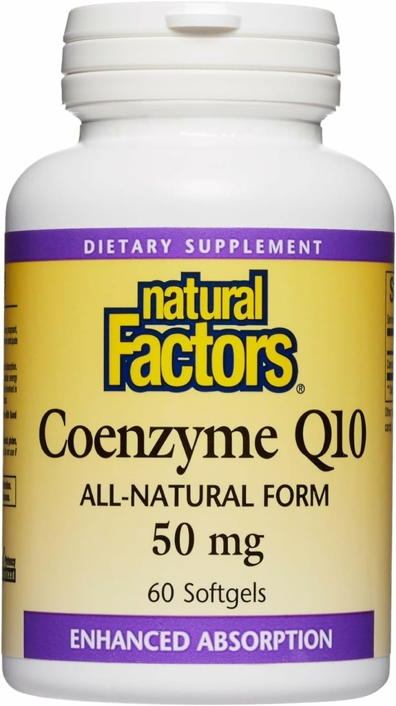 Factores naturales Coenzima Q10 - Apoyo al Antioxidante Suplementos Apoyos Producción Celular de Energía - Ayudas de absorción mejor Función cardíaca saludable - 50 mg, 60 Softgels (60 Servimientos)