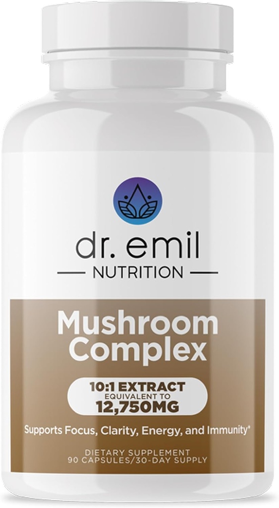 DR. EMIL NUTRITION 10 Mushroom Supplement for Mental Clarity, Focus &amp; Immune Support - Funal Mushroom Suplemento Nootropic con Lions Mane Extract, Cordyceps, Turquía Tail &amp; Más