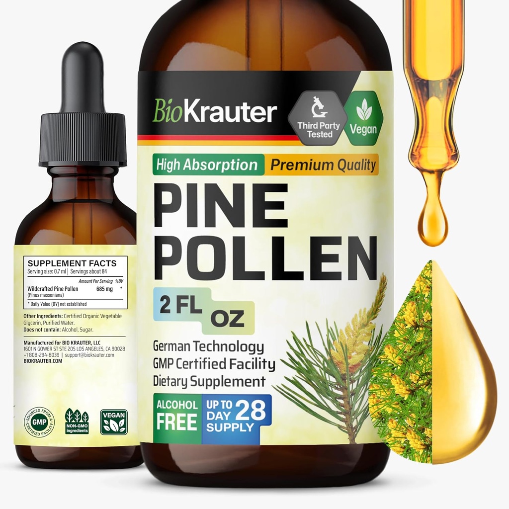 BIO KRAUTER Pine Pollen Tincture - Pine Pollen Powder Liquid Extract for Immune Support - Alcohol &amp; Sugar Free Natural Herbal Supplement - 2 Fl.Oz.