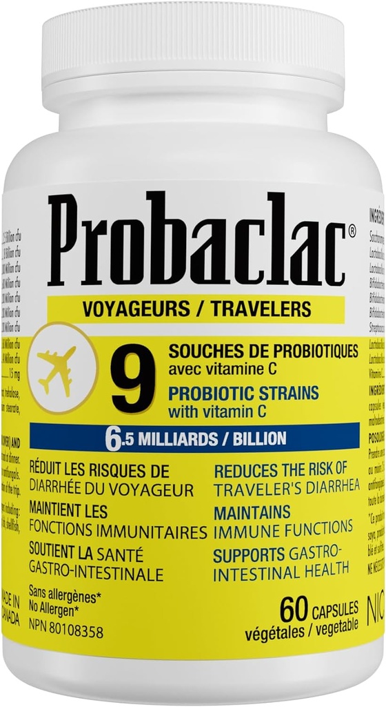 Natural Travelers Probióticos, Reducción del Riesgo de Diarrea, Contiene Vitamina C, Apoyo Inmunitario, Gratuito, Tamaño de viaje, Vacaciones, Crucero y Esenciales de Viaje, Vegan, 60 cápsulas