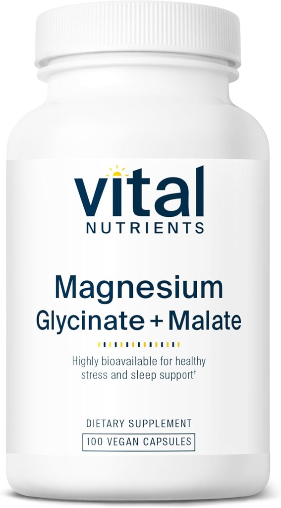 Vital Nutrients Magnesium Glycinate + Malate TEN 120mg Magnesium Suplemento Vegan para Mujeres y Hombres ← Muscle, Heart, Bone Support* ← Promociona la Relajación