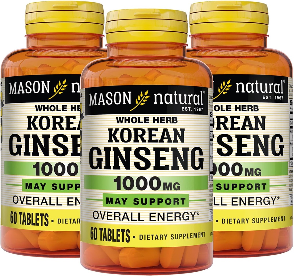 MASON NATURAL Korean Ginseng 1000 mg, Supports Energy, Endurance & Vitality, 60 Tablets, Pack de 3