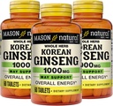 MASON NATURAL Korean Ginseng 1,000 mg, Supports Energy, Endurance & Vitality, 60 Tablets, Pack of 3