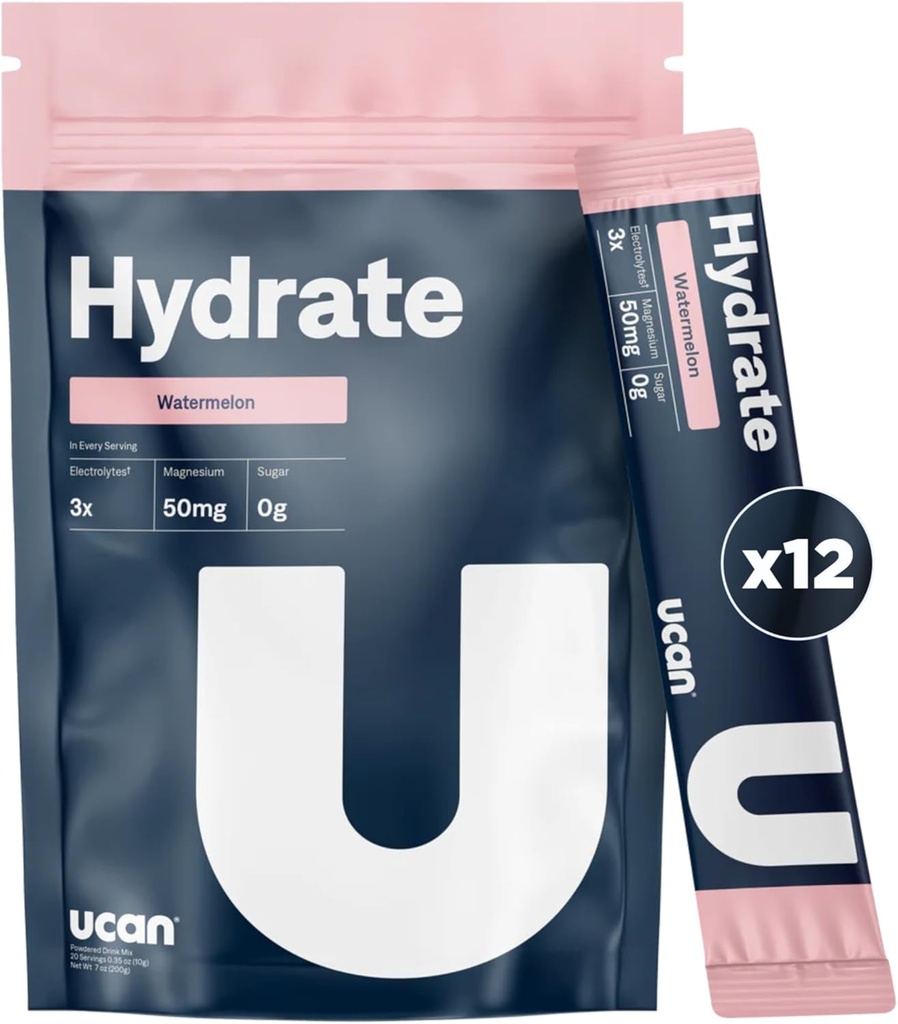 UCAN Hydrate Electrolyte Drink Mix (Watermelon, 12 Stickpacks) Sugar-Free, Keto-Friendly, Vegan, Non-GMO, Gluten-Free Electrolyte Powder with Potassium &amp; Magnesium for Runners ' Athletes