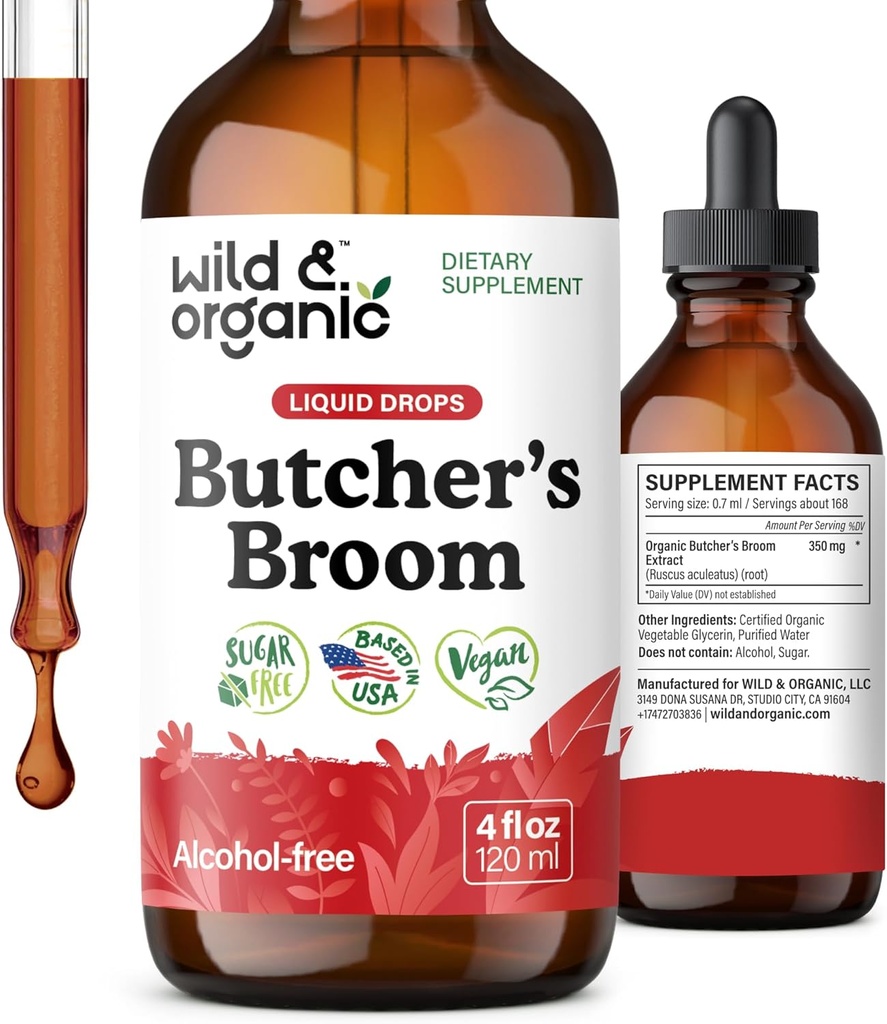 Wild & Organic Butchers Broom Tincture - Suplemento de apoyo a las piernas - Ruscus Aculeatus Root Drops - Herbal Butchers Broom Supplement - Vegan, No Alcohol &amp; Sugar - 4 fl oz