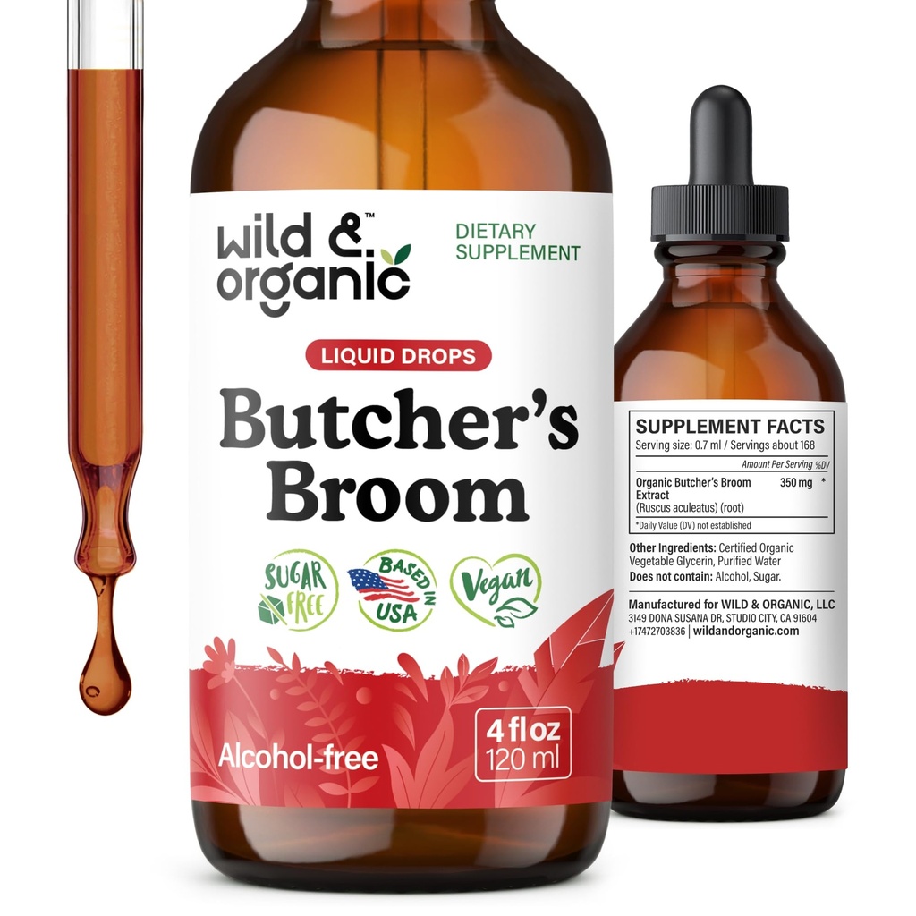 Wild & Organic Butchers Broom Tincture - Suplemento de apoyo a las piernas - Ruscus Aculeatus Root Drops - Herbal Butchers Broom Supplement - Vegan, No Alcohol &amp; Sugar - 4 fl oz