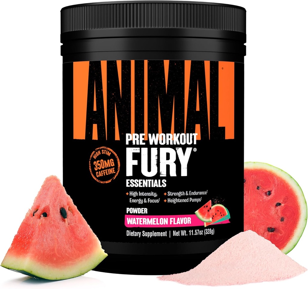 Furia animal Pre Workout Powder - Watermelon, 350mg Caffeine, BCAA Amino Acids, 2g Beta Alanine, Citrulline &amp; Tyrosine, Energy, Focus, Strength, Endurance, Preworkout for Men &amp; Women, 20 Servings