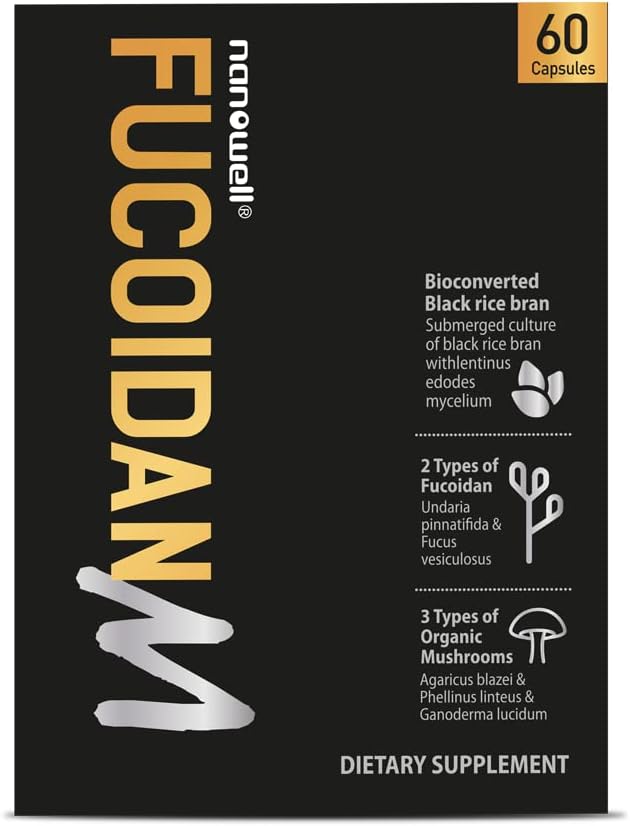 NANOWELL Fucoidan M - Marrón Seaweed Immunity Supplement for Gut Health &amp; Immune Support with Mushroom Complex - 60 cápsulas