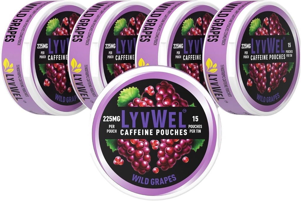 LyvWel 225mg Caffeine Energy Pouches – Wild Grapes 5-Pack (75 Pouches) – Bold Flavor, Clean Energy – Guarana-Infused Focus & Stamina for On-The-Go Performance